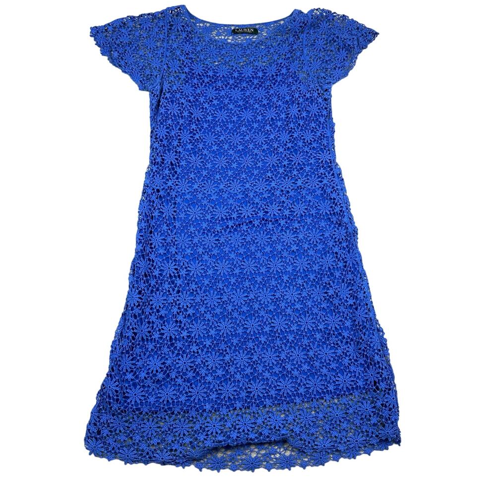 Lauren Ralph Lauren Crochet Dress Womens 8 Royal‎ Blue Excellent Floral Lace Cap